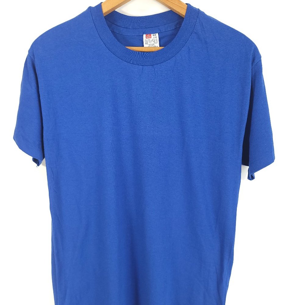 Vtg Hanes T-Shirt Mens Medium Blue Blank Single Stitch Short Sleeve USA